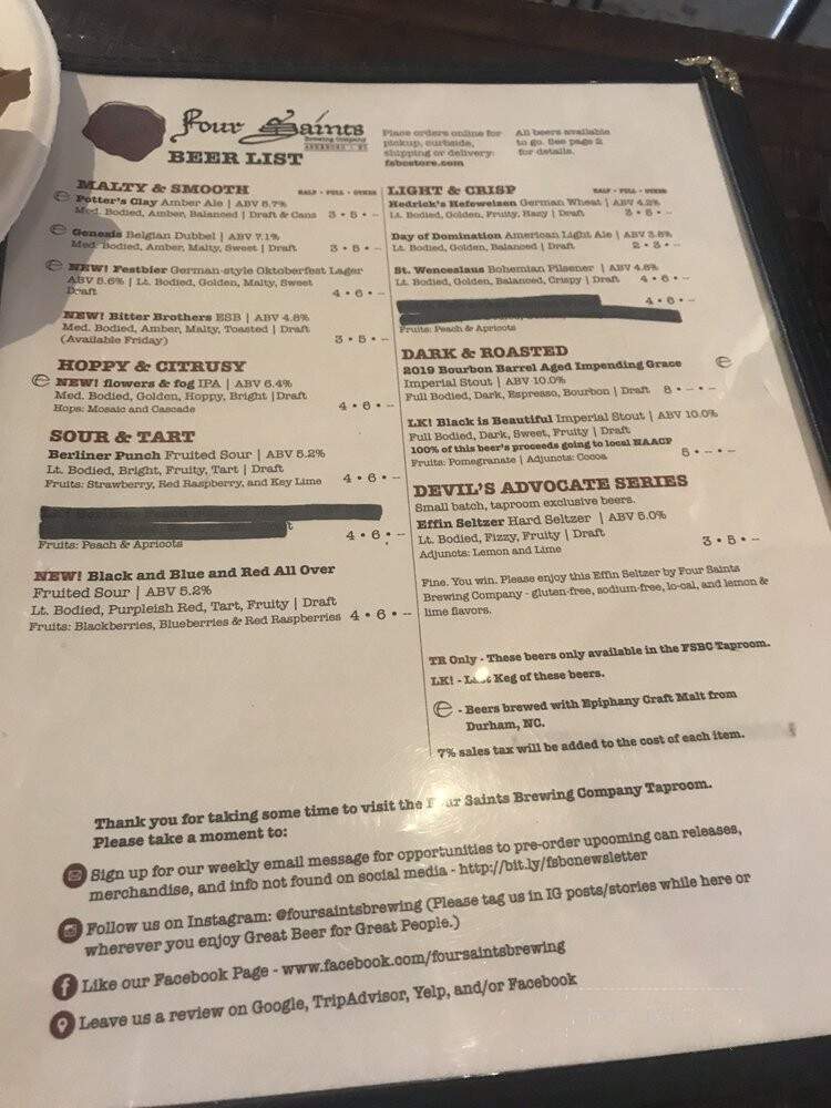 Four Saints Brewing Company - Asheboro, NC menu_pic