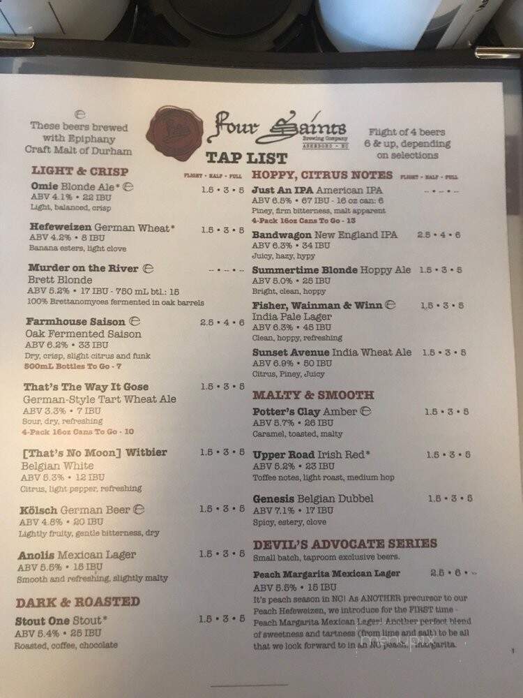 Four Saints Brewing Company - Asheboro, NC menu_pic