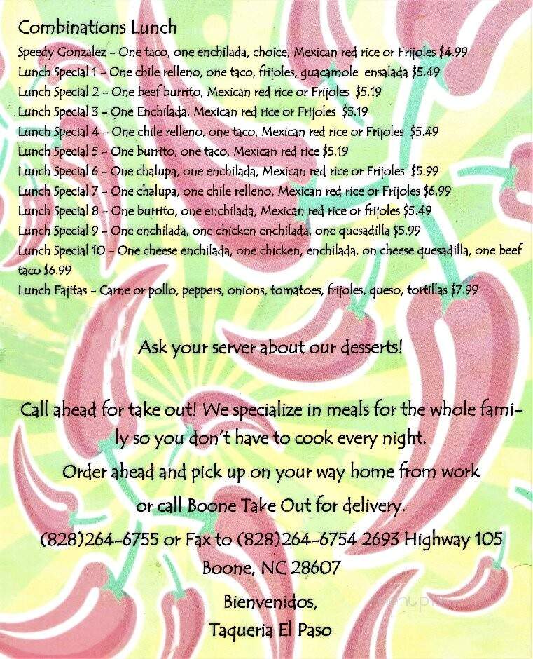 Taqueria El Paso - Boone, NC menu_pic