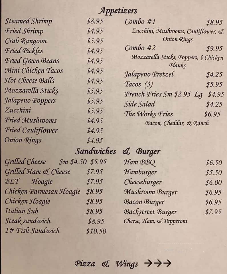 Bakers Backstreet Tavern - Evans City, PA menu_pic