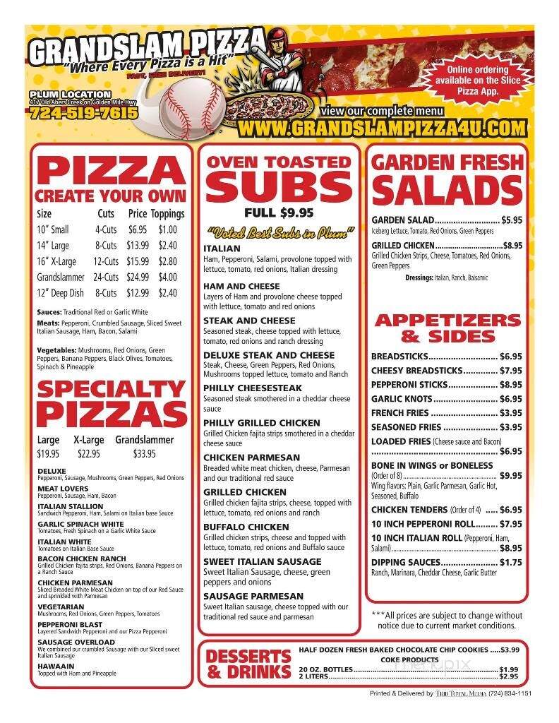 Grandslam Pizza - Plum, PA menu_pic