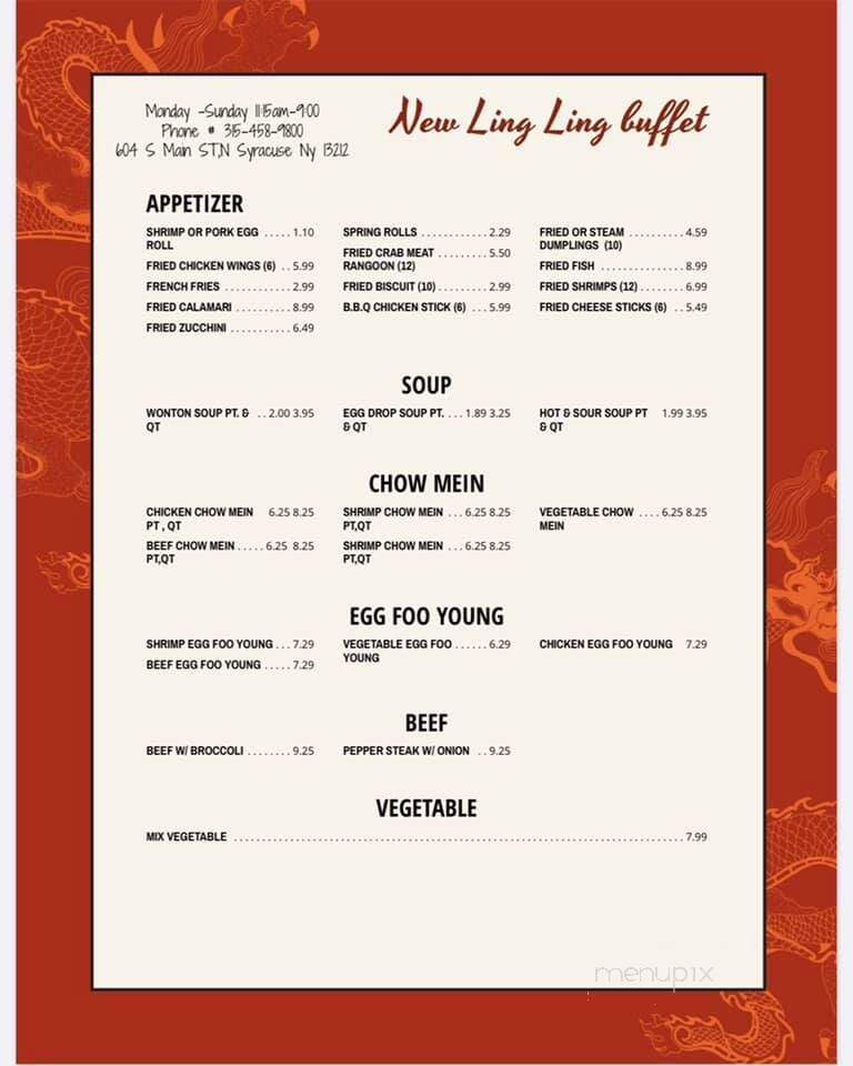 New Ling Ling Chinese Buffet - Syracuse, NY menu_pic
