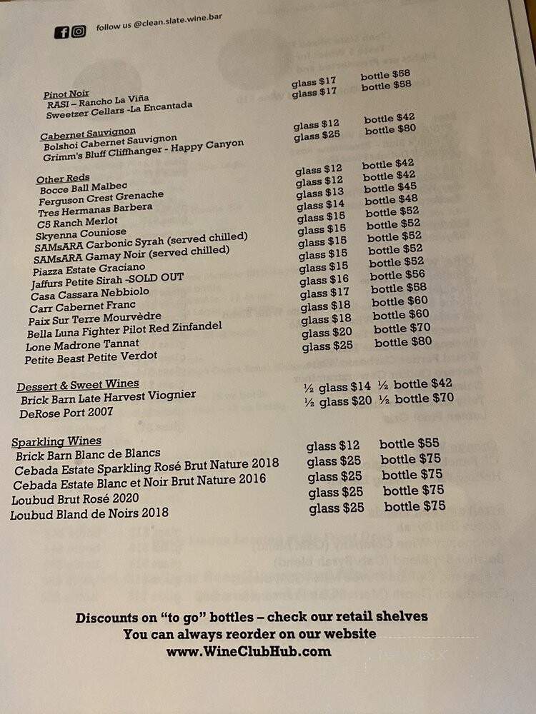 Clean Slate Wine Bar - Solvang, CA menu_pic