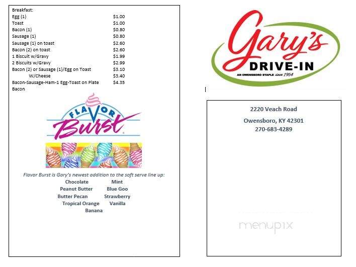 Gary's Drive In - Owensboro, KY menu_pic