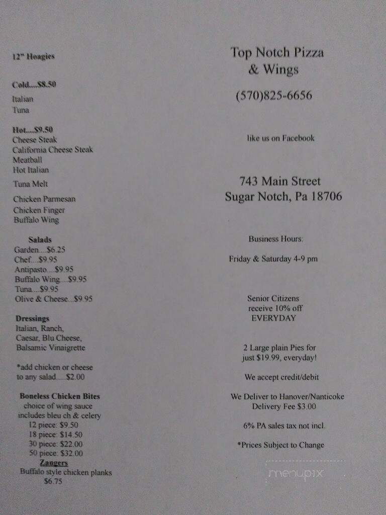 Top Notch Pizza - Sugar Notch, PA menu_pic
