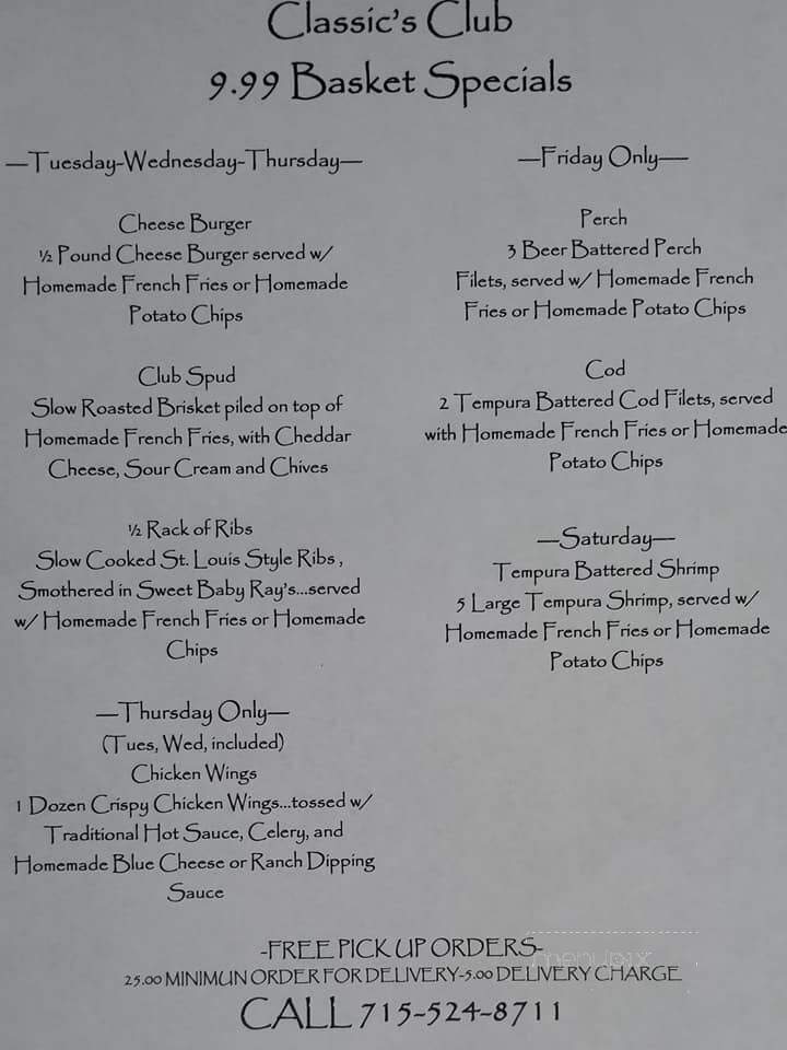 Classics Restaurant & Lounge - Shawano, WI menu_pic