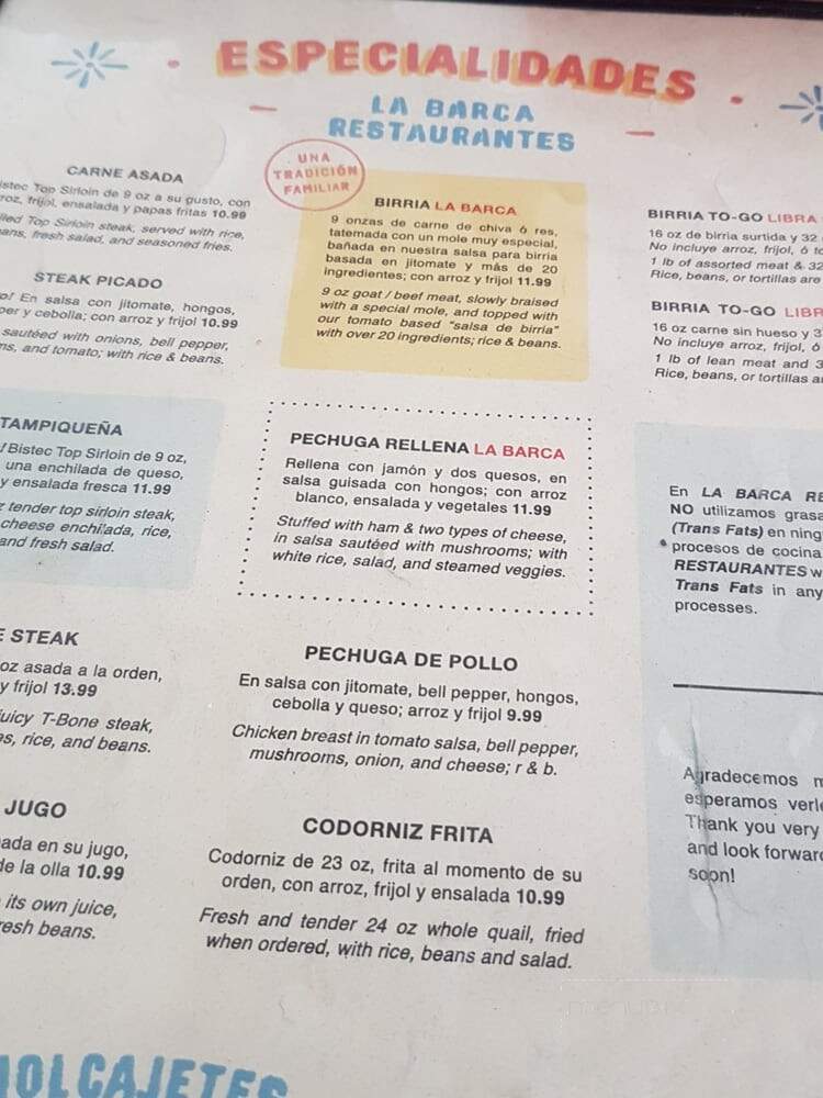 La Barca Jalisco Restaurant - Pico Rivera, CA menu_pic