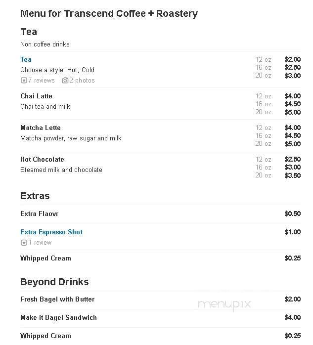 Transcend Coffee + Roastery - Grove City, OH menu_pic