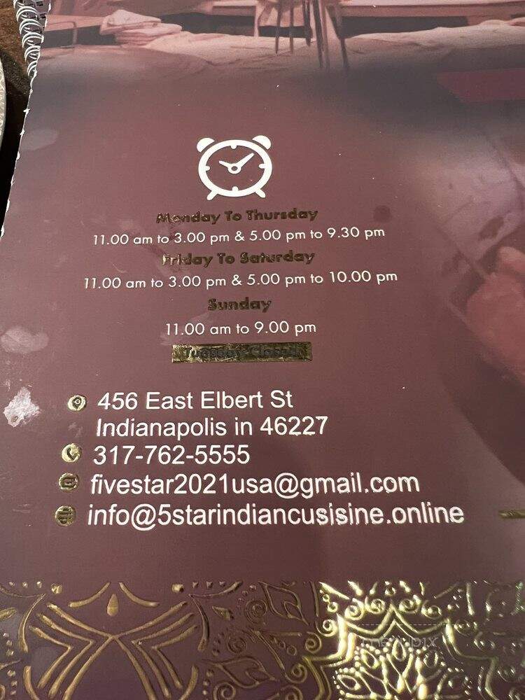 5 Star Indian Cuisine - Indianapolis, IN menu_pic