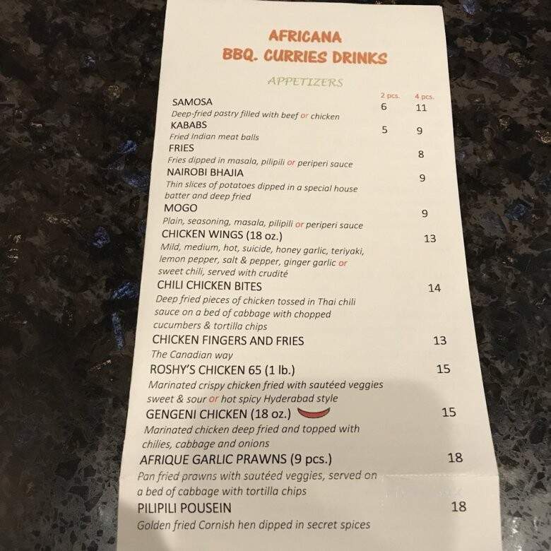 Africana Eatery & Cheers Pub - Calgary, AB menu_pic