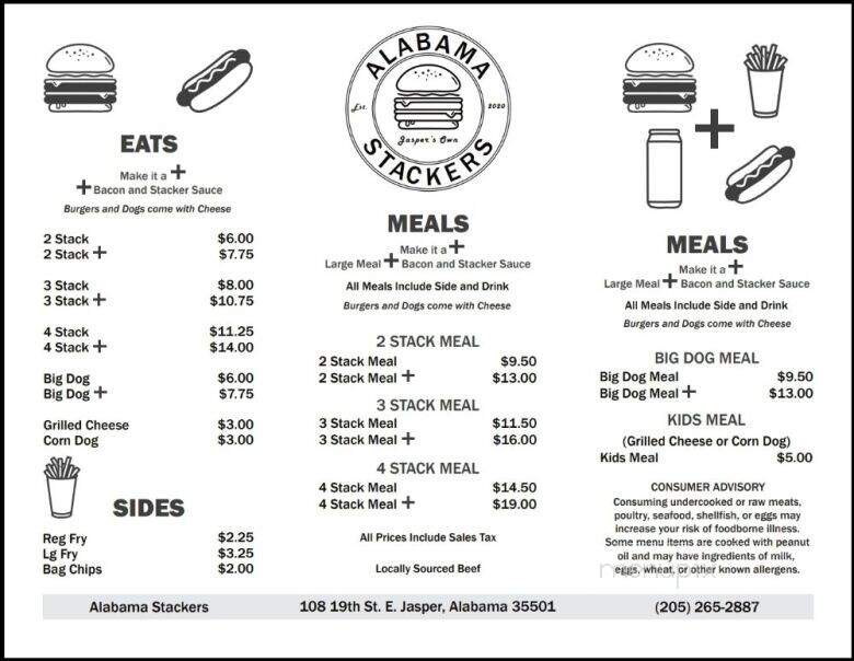 Alabama Stackers - Jasper, AL menu_pic