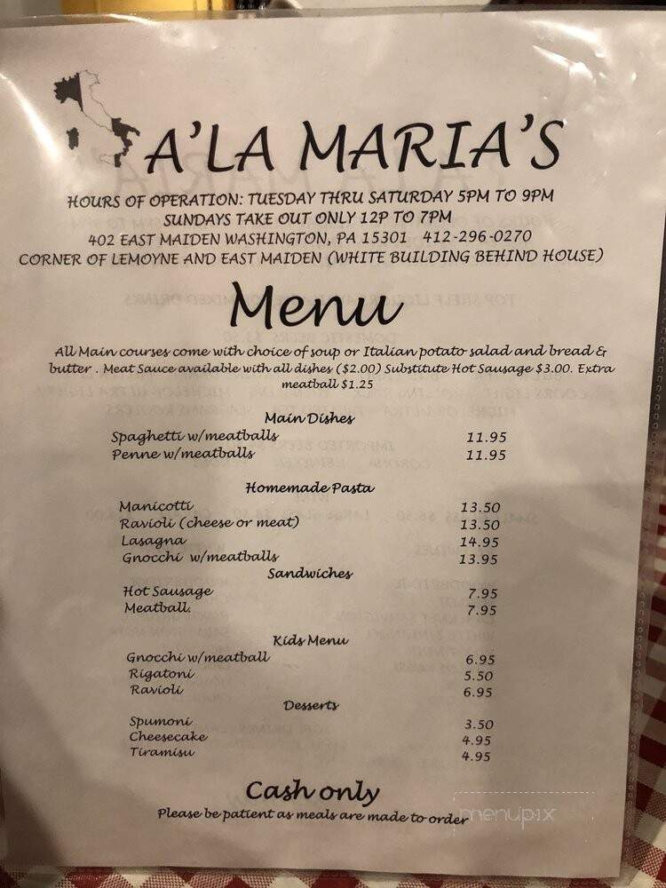 Ala Maria's - Washington, PA menu_pic
