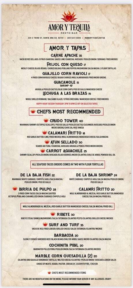 Amor y Tequila - Santa Ana, CA menu_pic