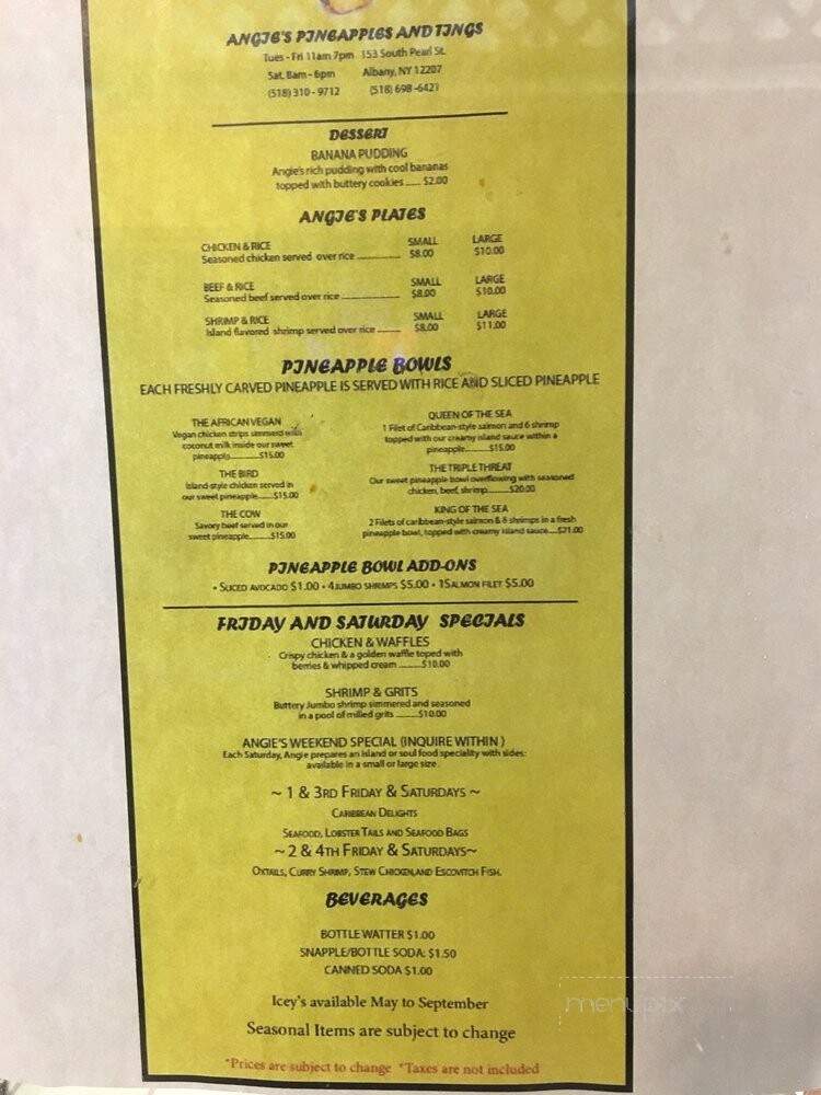 Angie's Pineapple's & Ting's - Albany, NY menu_pic