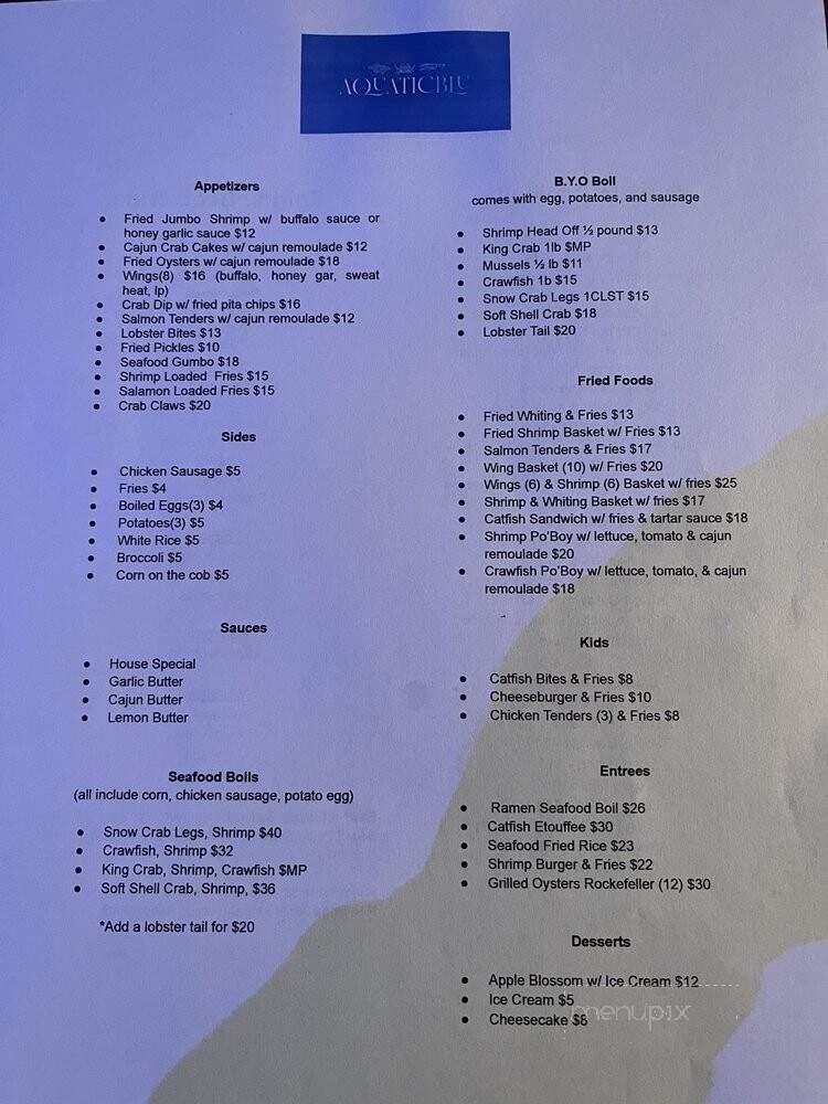 Aquatic Blu Seafood Bar & Grill - Ellenwood, GA menu_pic