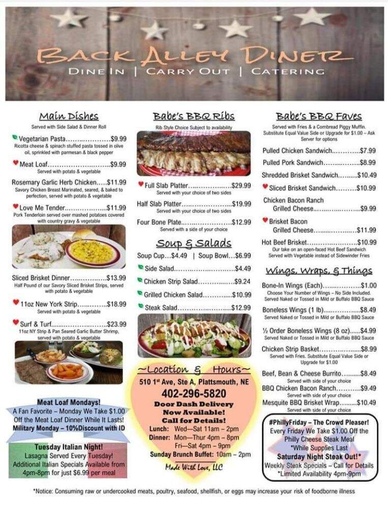Menu of Back Alley Diner in Plattsmouth, NE 68048