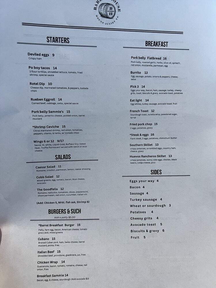 Barrel House Restaurant and Bar - Mt. Juliet, TN menu_pic