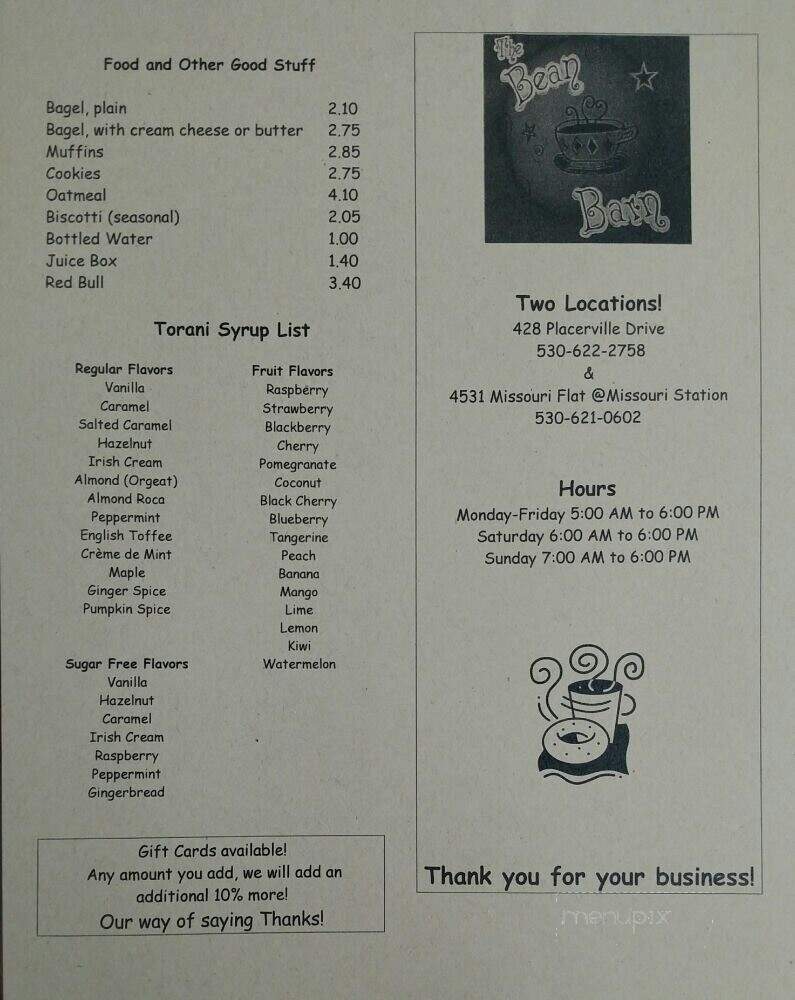 Bean Barn - Placerville, CA menu_pic