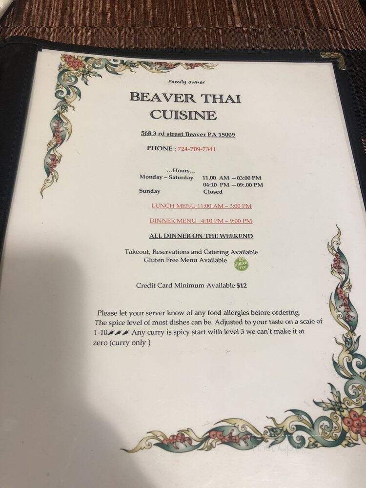 Beaver Thai Cuisine - Beaver, PA menu_pic