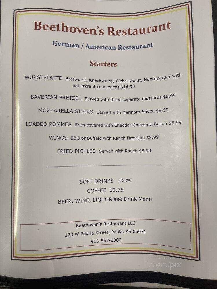 Beethoven's Restaurant - Paola, KS menu_pic