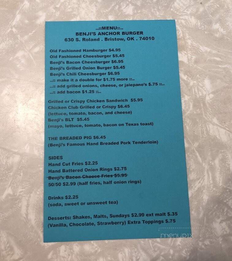 Benji's Anchor Burger - Bristow, OK menu_pic