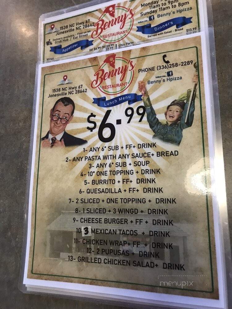 Benny's New York Pizza and Pasta - Jonesville, NC menu_pic