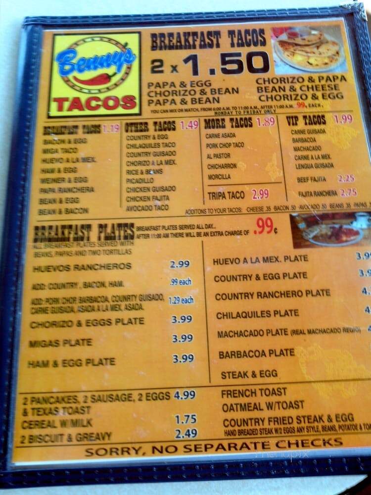 Benny's Tacos - San Antonio, TX menu_pic
