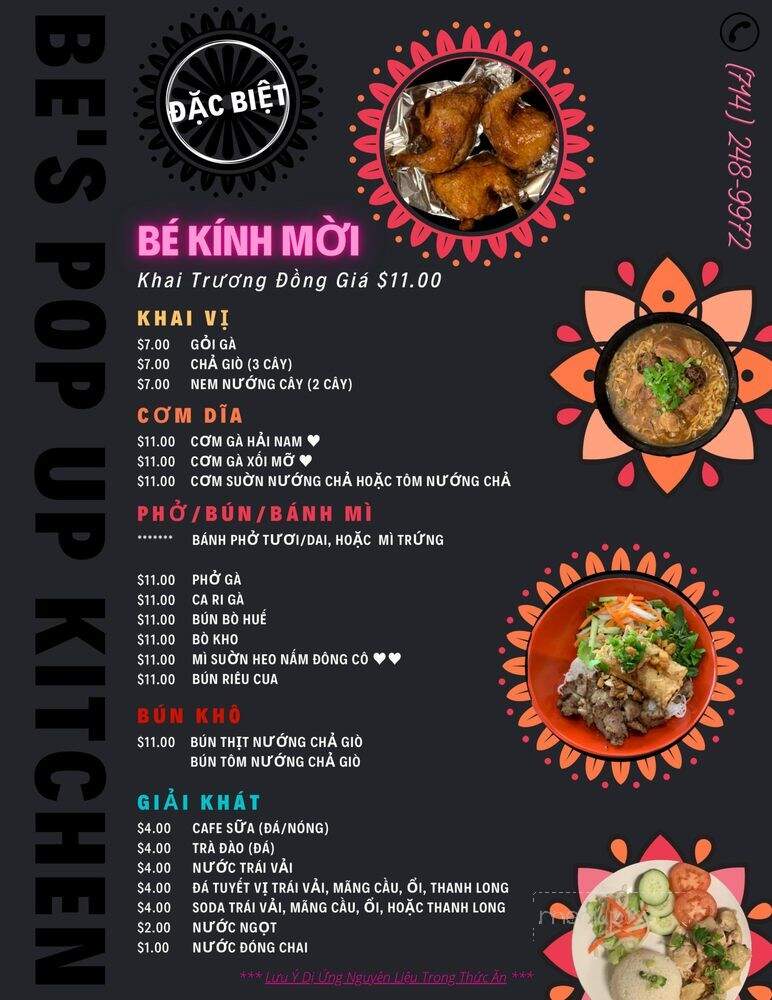Be's Pop-Up Kitchen - Westminster, CA menu_pic