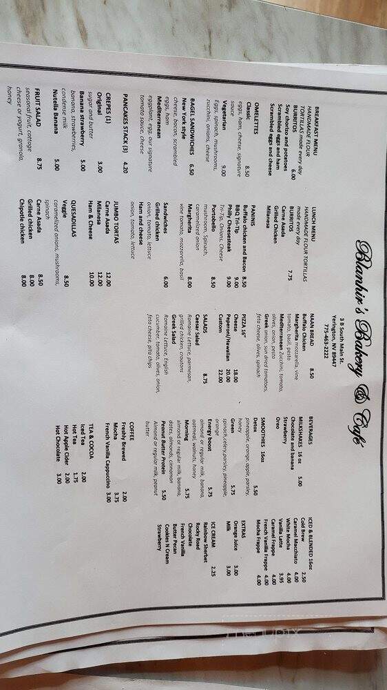 Blanhir's Bakery & Cafe - Yerington, NV menu_pic