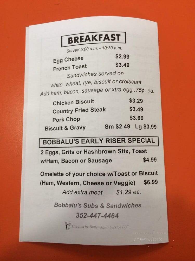 Bobbalu's Subs & Sandwiches - Inglis, FL menu_pic