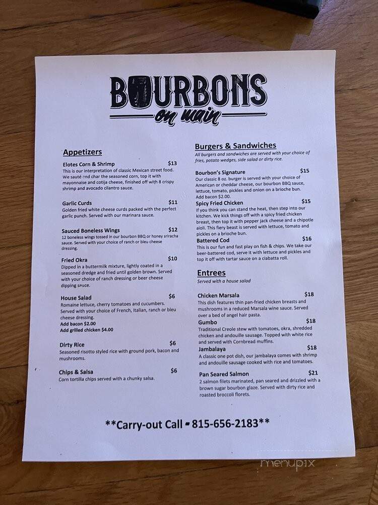 Bourbons on Main - Freeport, IL menu_pic