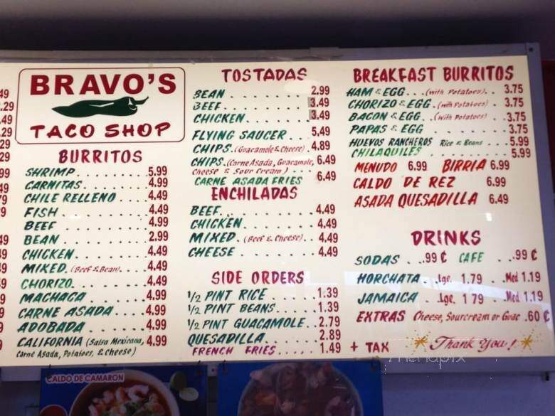 Bravo's Taco Shop - San Diego, CA menu_pic