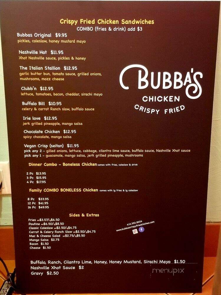Bubba's Crispy Fried Chicken - Toronto, ON menu_pic