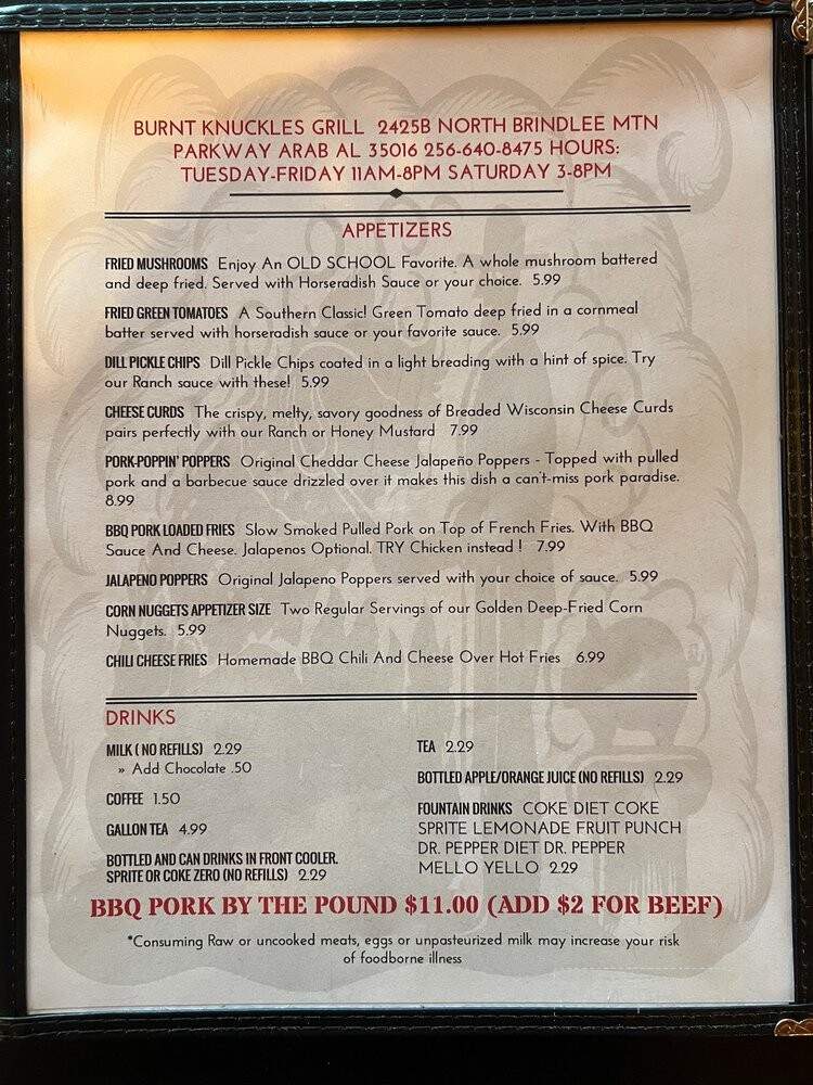 Burnt Knuckles Grill - Arab, AL menu_pic