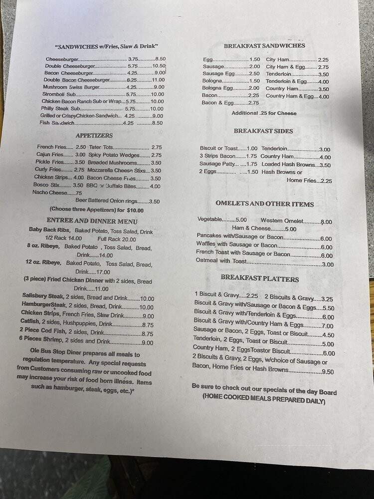 Bus Stop Diner - Beattyville, KY menu_pic
