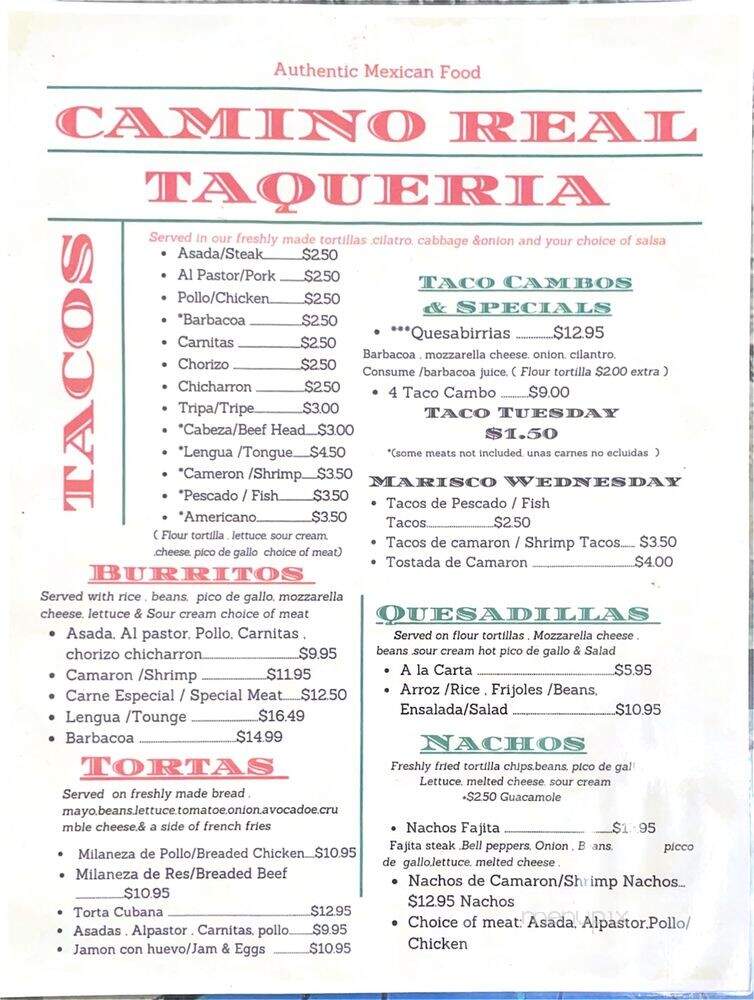 Camino Real Taqueria - Athens, GA menu_pic