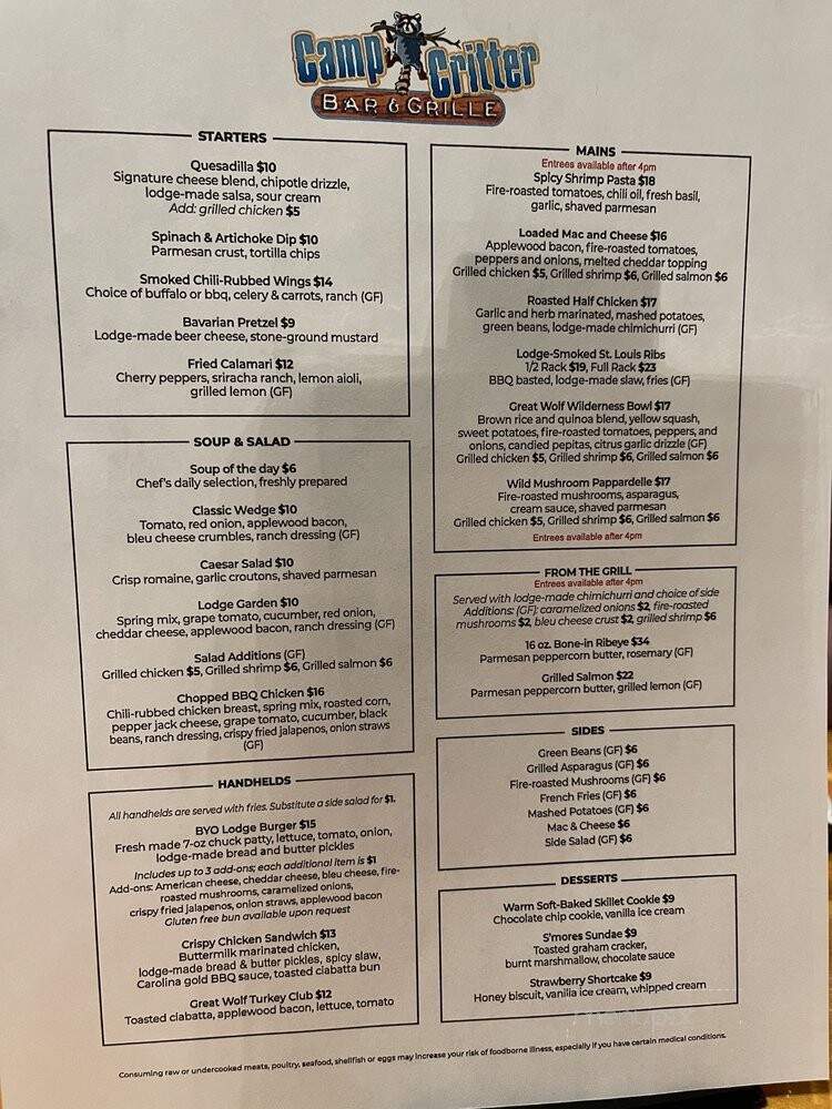 Camp Critter Bar & Grill - Traverse City, MI menu_pic