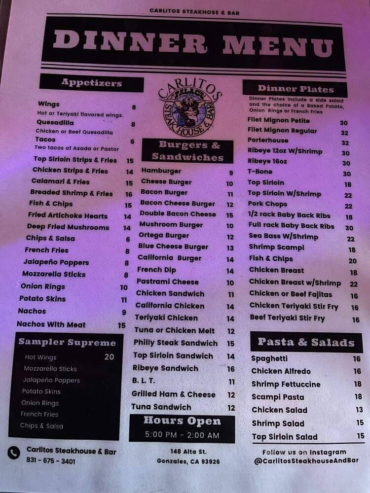 Carlitos Steakhouse - Gonzales, CA menu_pic