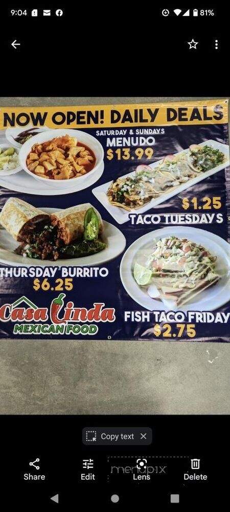 Casa Linda Mexican Food - Anaheim, CA menu_pic