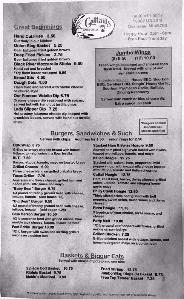 Cattails Bar & Grill, LLC - Ossineke, MI menu_pic