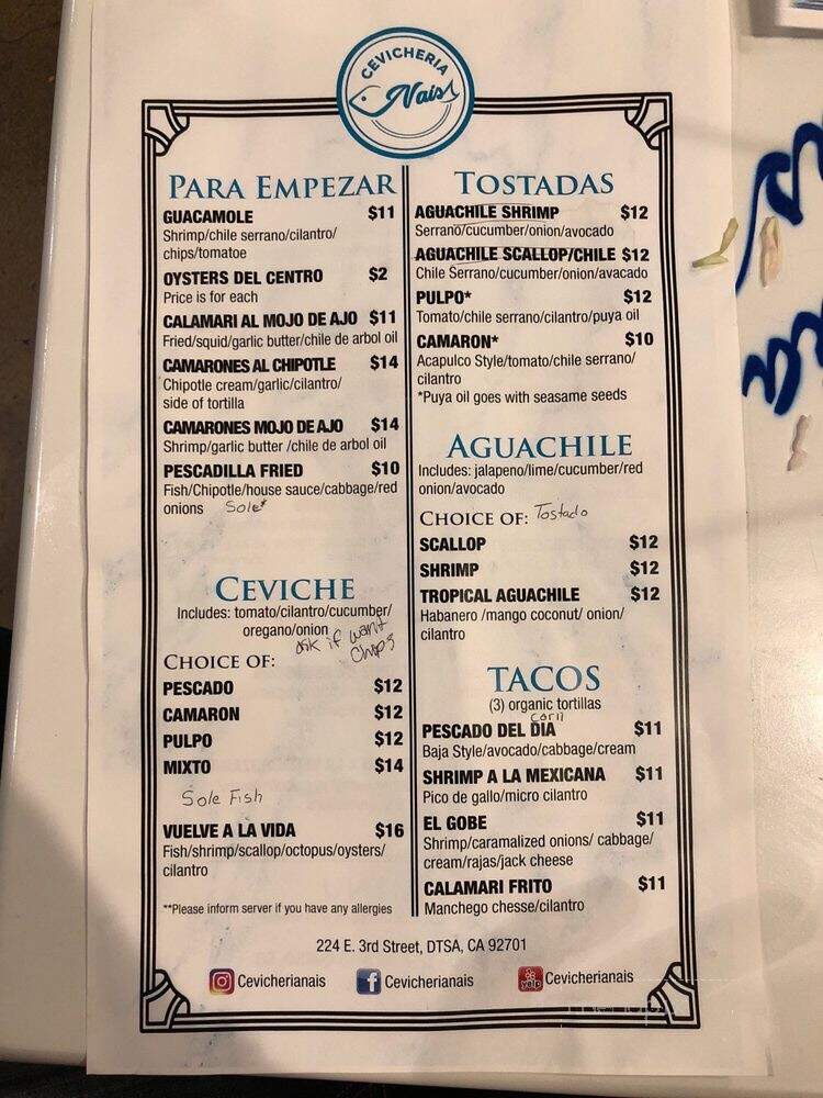 Cevicheria Nais - Santa Ana, CA menu_pic