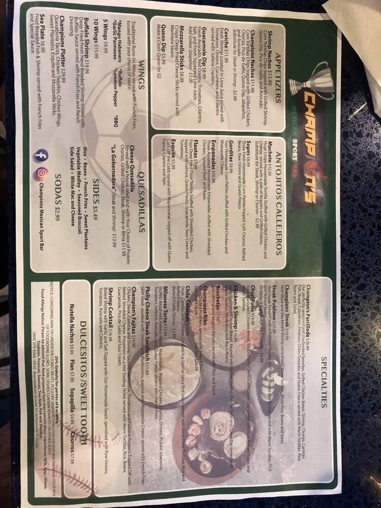 Champion's Mexican Sport Bar - Jacksonville, FL menu_pic