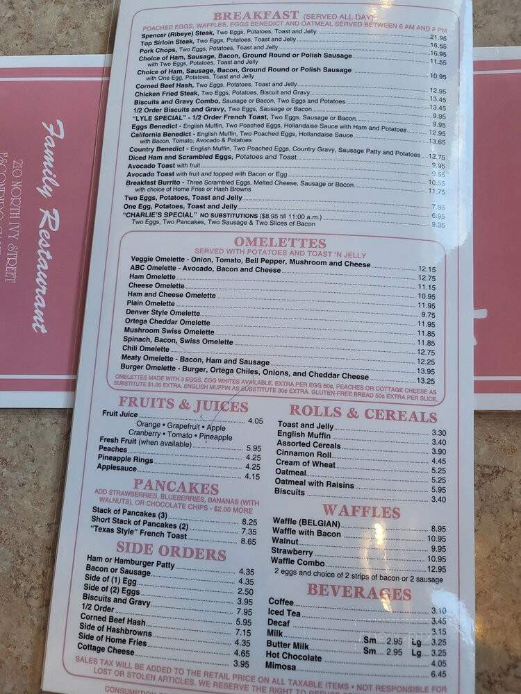 Charlie's Family Restaurant - Escondido, CA menu_pic