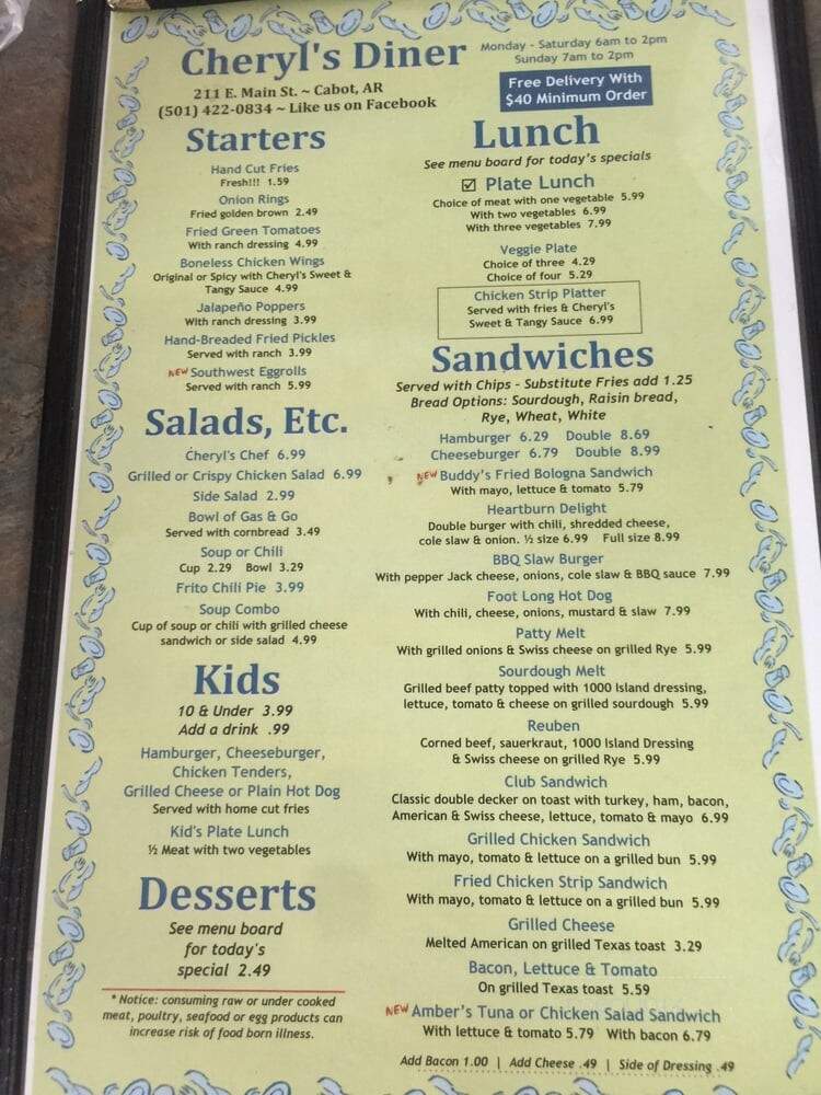 Cheryl's Diner - Charleston, MO menu_pic