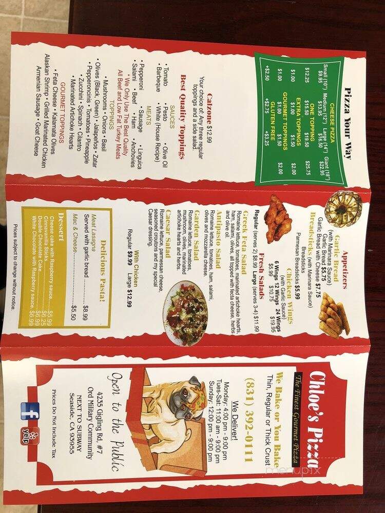 Chloe's Pizza - Seaside, CA menu_pic