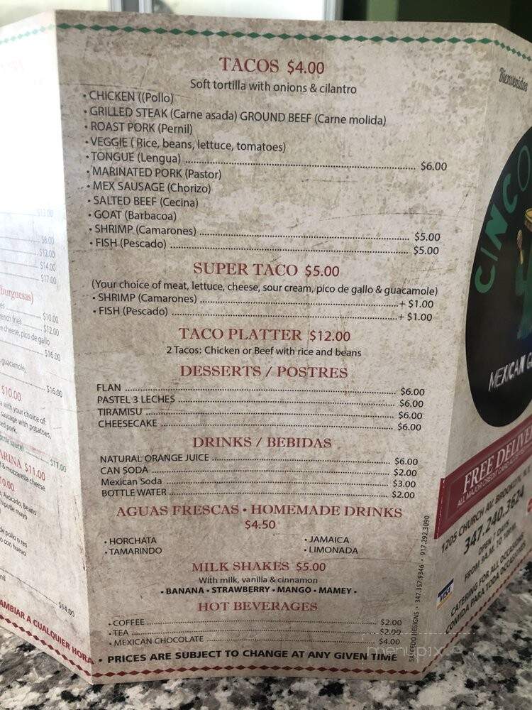 Cinco de Mayo Mexican Restaurant - BROOKLYN, NY menu_pic