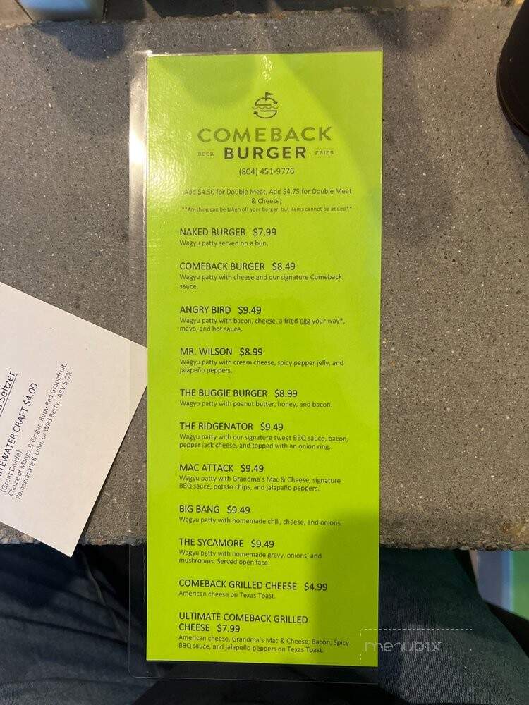 Comeback Burger - Petersburg, VA menu_pic