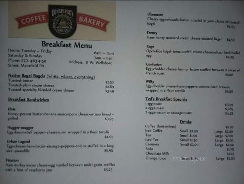 Conspiracy Coffee, Cafe & Bakery - Mansfield, PA menu_pic