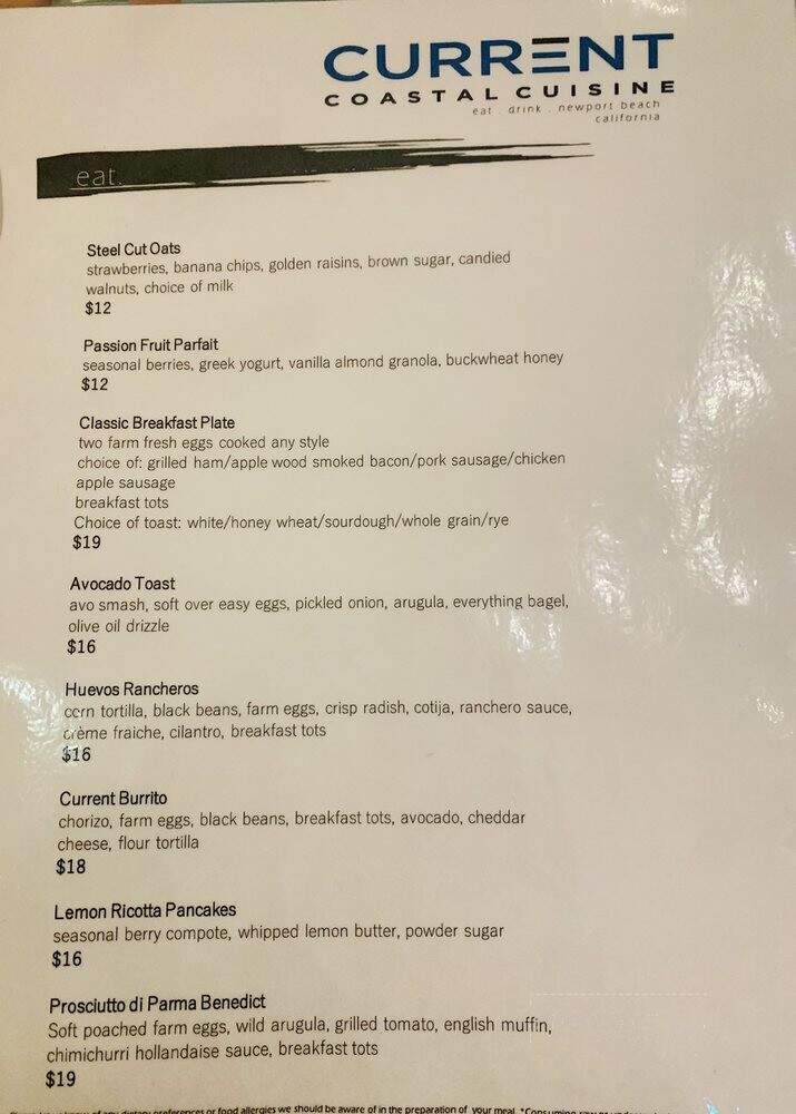 Current Coastal Cuisine - Newport Beach, CA menu_pic
