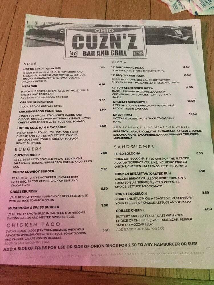 Cuzn'z Bar & Grill - Etna, OH menu_pic